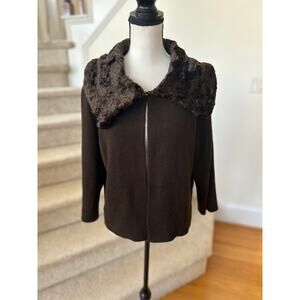 Vintage Y2K Nine West Brown Wool Knit Faux Fur Collar Long Sleeve Cardigan